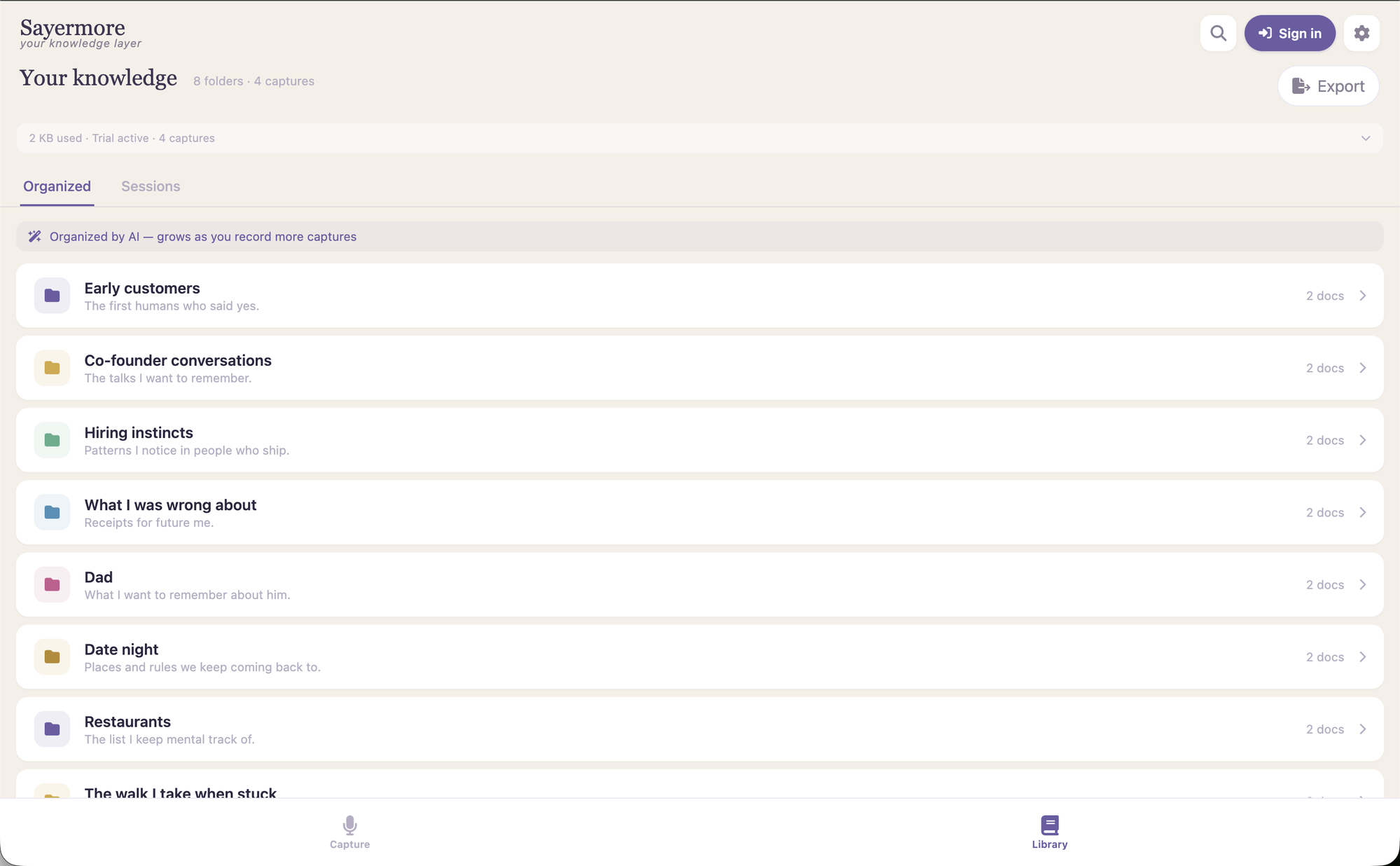 Screenshot of the Sayermore library with sample founder folders